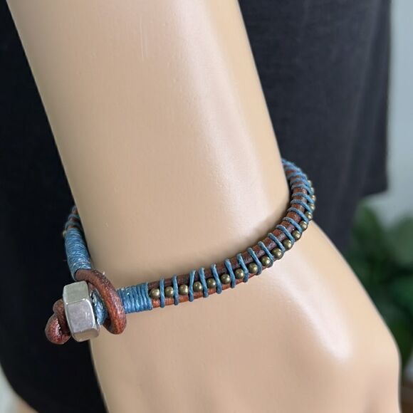 7#9 Leather Handcrafted Bracelet 7” Brown and Blue - Picture 2 of 5
